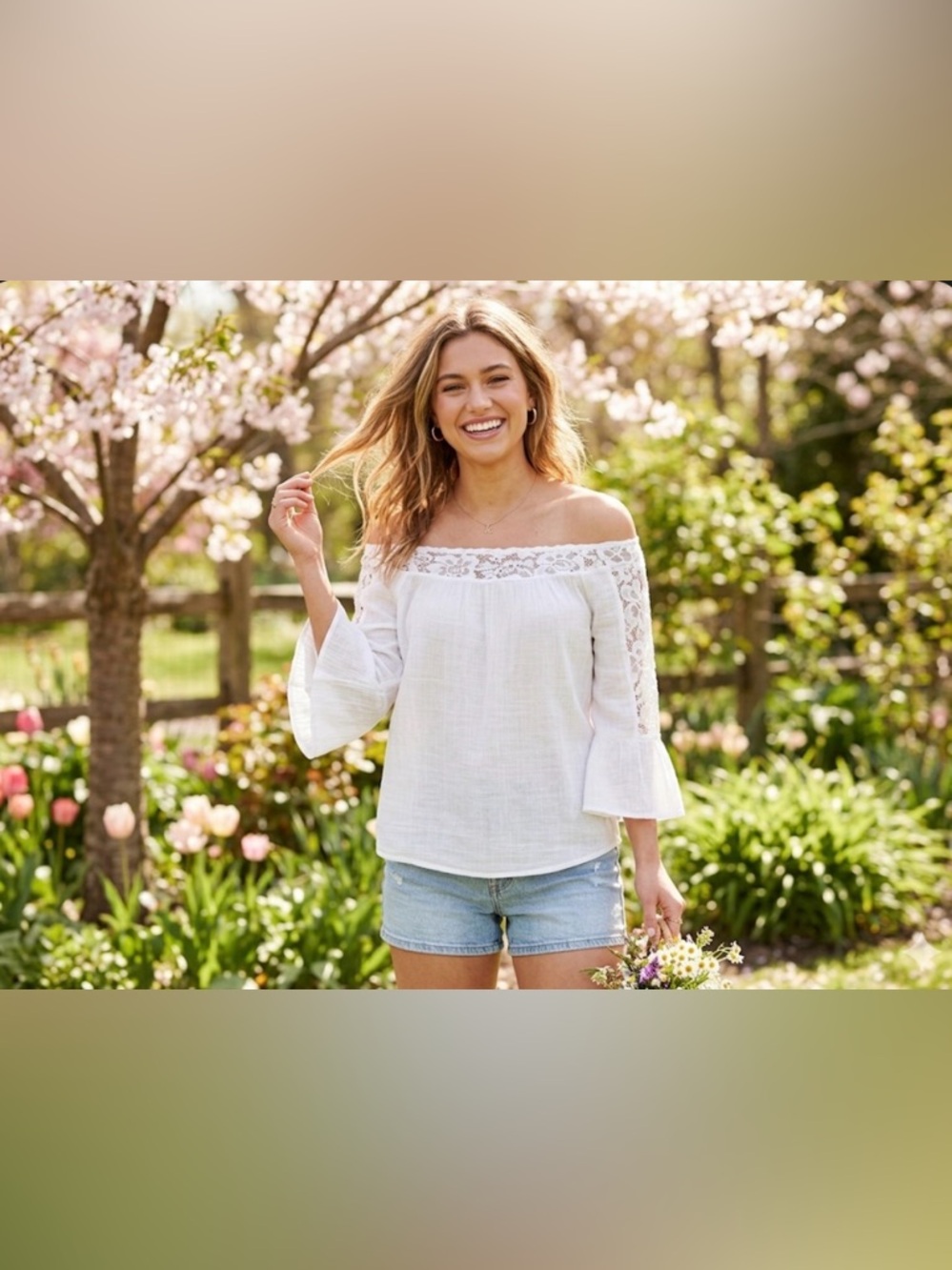 White Off-Shoulder Lace-Trim Women's Blouse